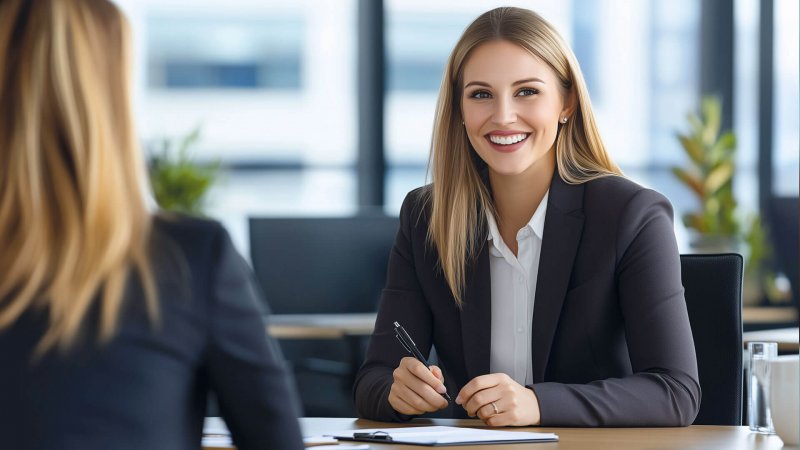 Frau im Anzug berät Kundin am Schreibtisch