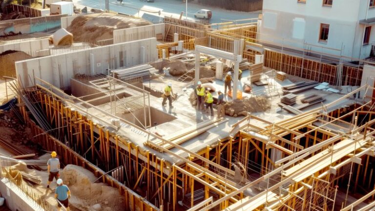 Bauarbeiter errichten Bodenplatte eines Gebäudes