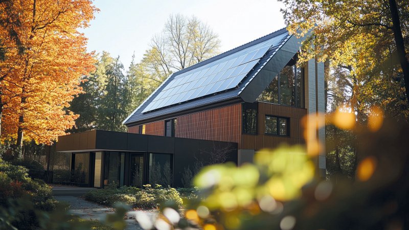 Modernes Haus mit Solarpanel im Herbstwald