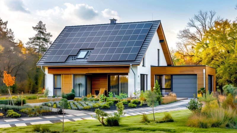 Modernes Haus mit Solaranlage und Garten
