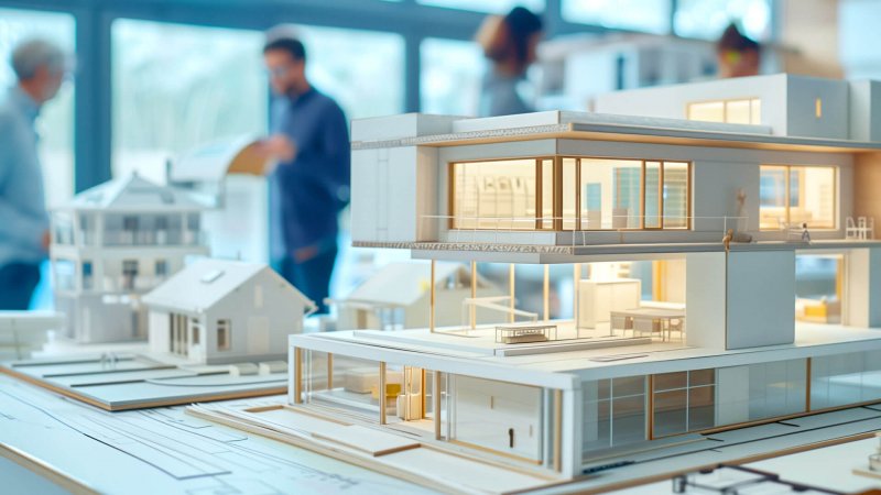 Architekturmodelle von modernen Häusern auf einem Tisch