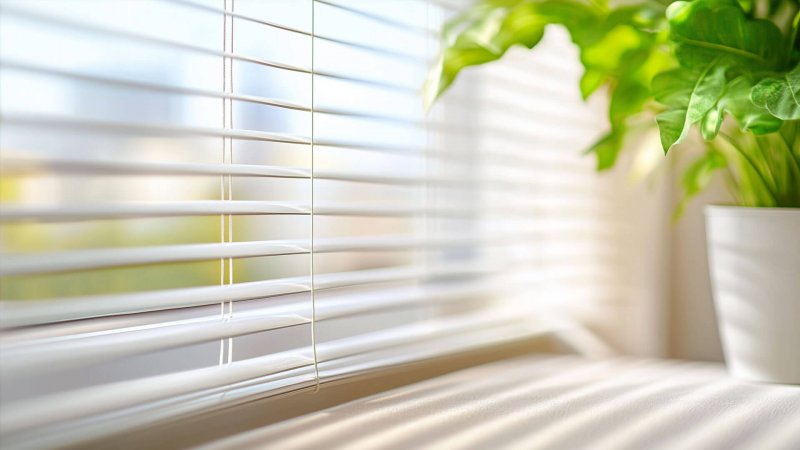 Weiße Jalousien neben einer grünen Pflanze am Fenster