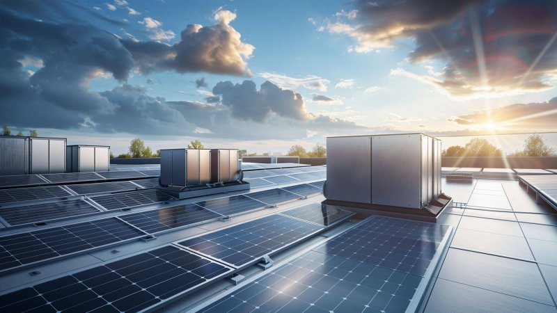 Solaranlage auf einem Dach bei Sonnenuntergang