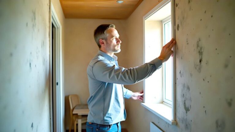Mann inspiziert Schimmel an der Wand neben einem Fenster