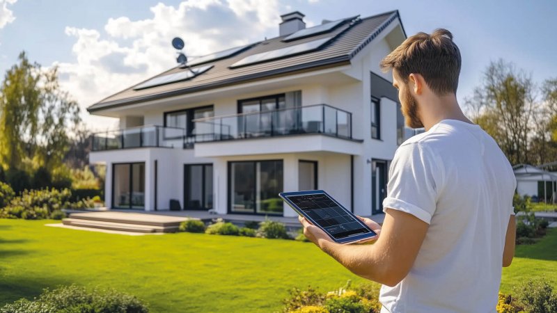 Mann mit Tablet vor modernem Haus im Garten