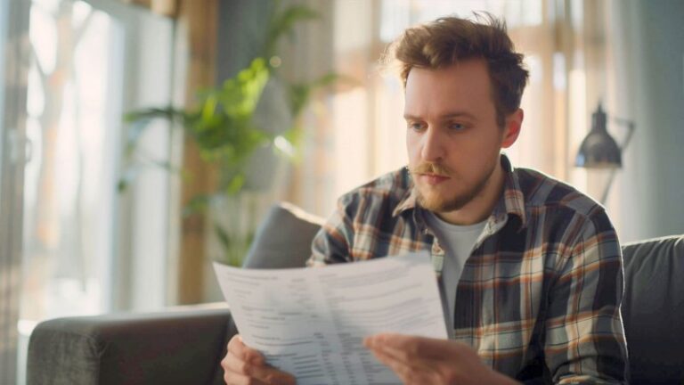 Mann liest Finanzdokumente im Wohnzimmer