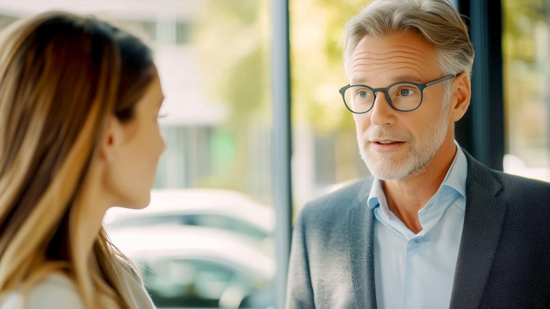 Vermieter im Gespräch mit potenzieller Mieterin