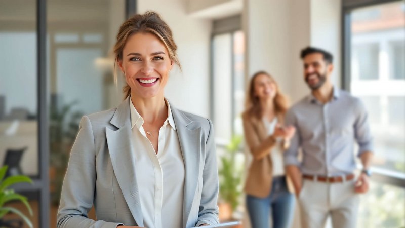 Lächelnde Maklerin mit Kunden im Hintergrund