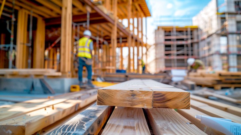 Holzbretter auf Baustelle mit Bauarbeitern im Hintergrund