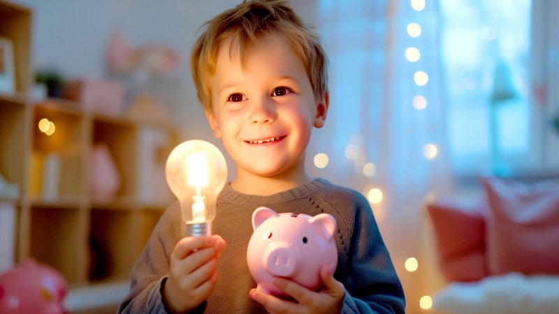 Kind hält Glühbirne und Sparschwein, symbolisiert Energiesparen