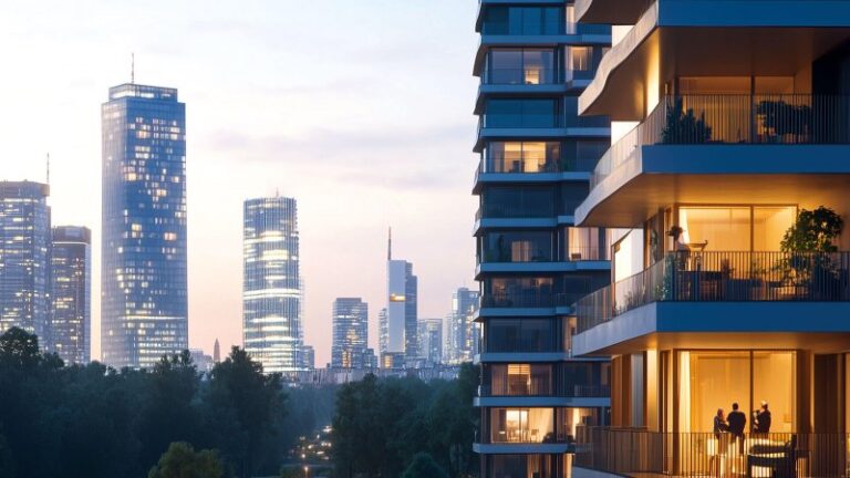 Moderne Hochhäuser bei Sonnenuntergang in der Stadt