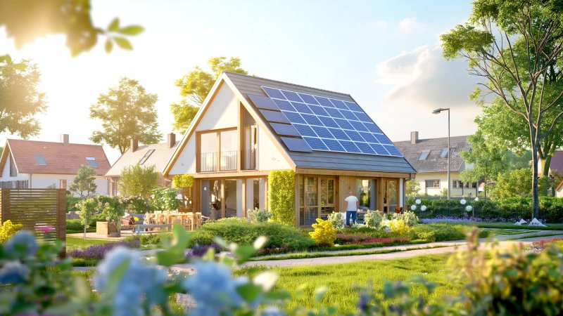Modernes Haus mit Solaranlage und Garten