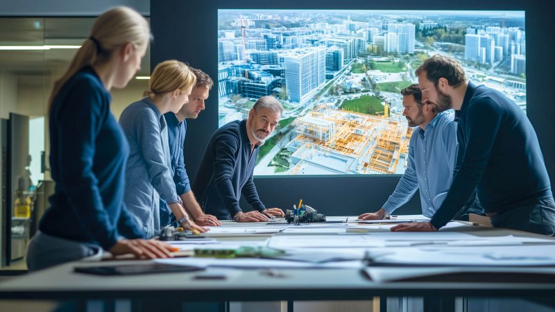 Gruppe bei Bauplanung mit Stadtentwicklungskarte