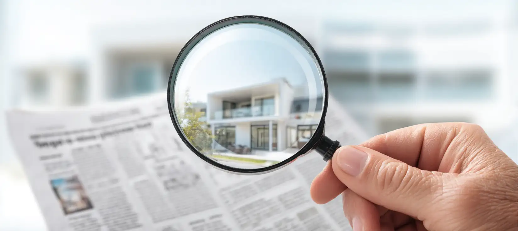 Hand hält Lupe über modernes Haus