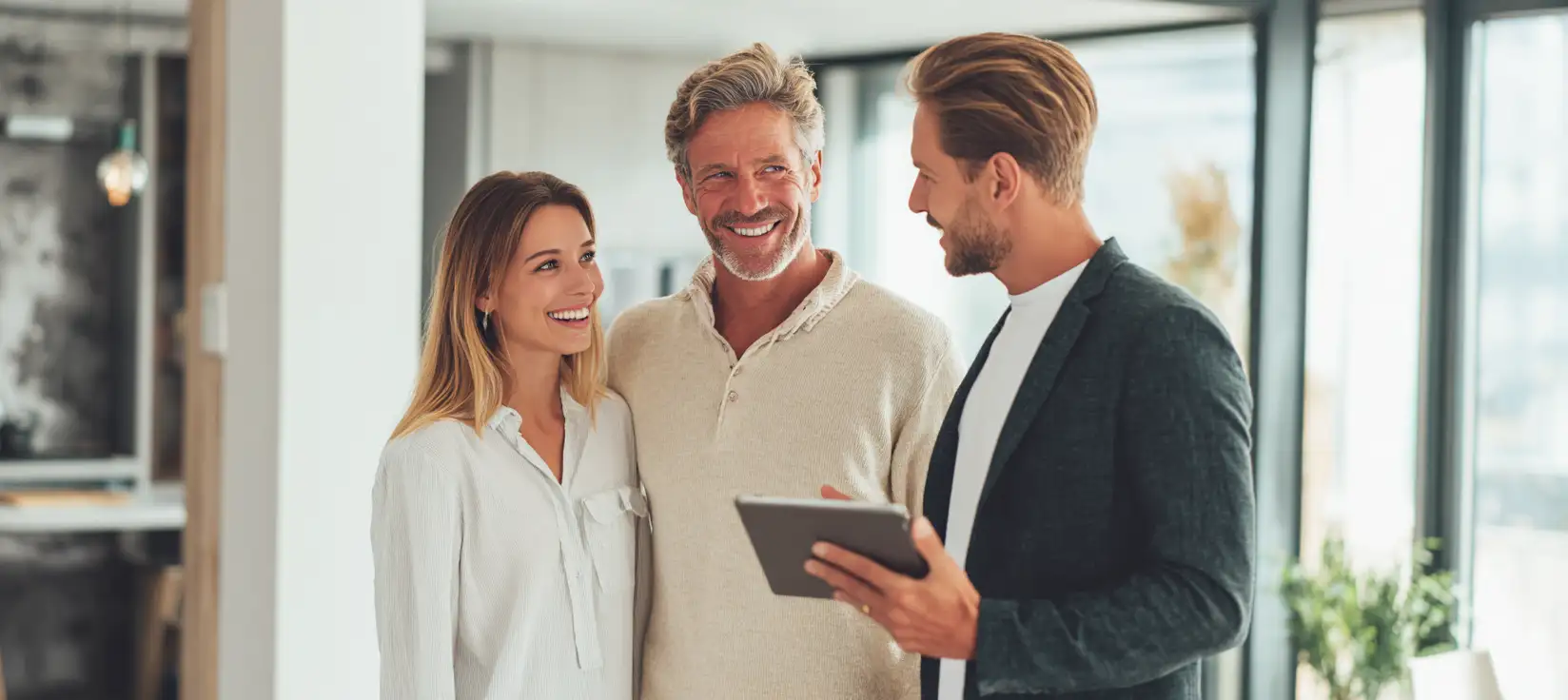 Paar spricht mit Immobilienmakler in modernem Büro