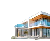 Modernes zweistöckiges Haus mit großen Glasfenstern